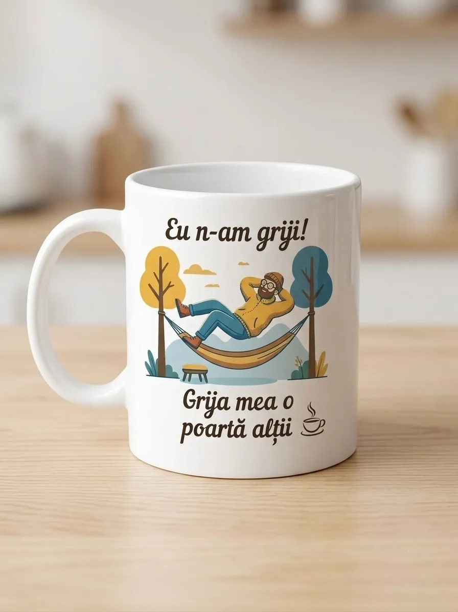 Cană cu ilustrație hamac și text 'Eu n-am griji' — Brisz Print